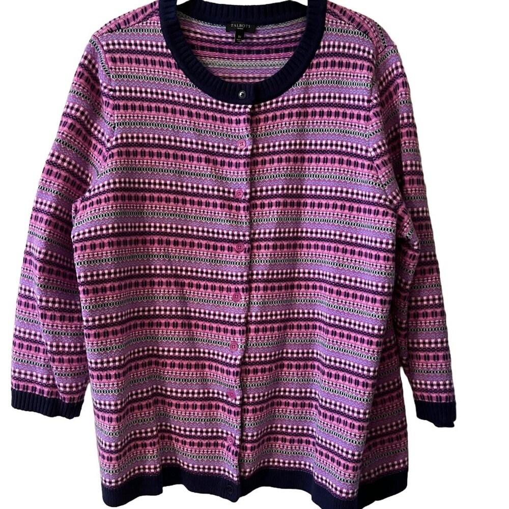 Talbots NWOT Fair Isle Cardigan Purple/Navy Lambswool Blend Size 1X